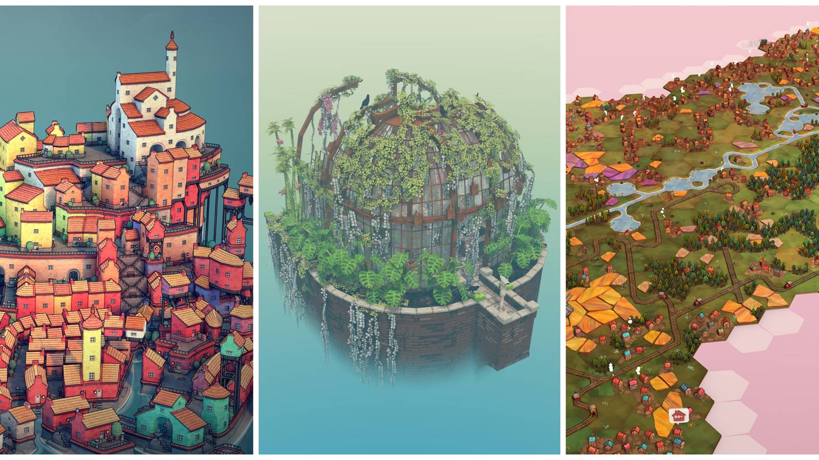 Best Minimalist Sandbox Games, Ranked (Featured Image) - Townscaper + Cloud Gardens + Dorfromantik