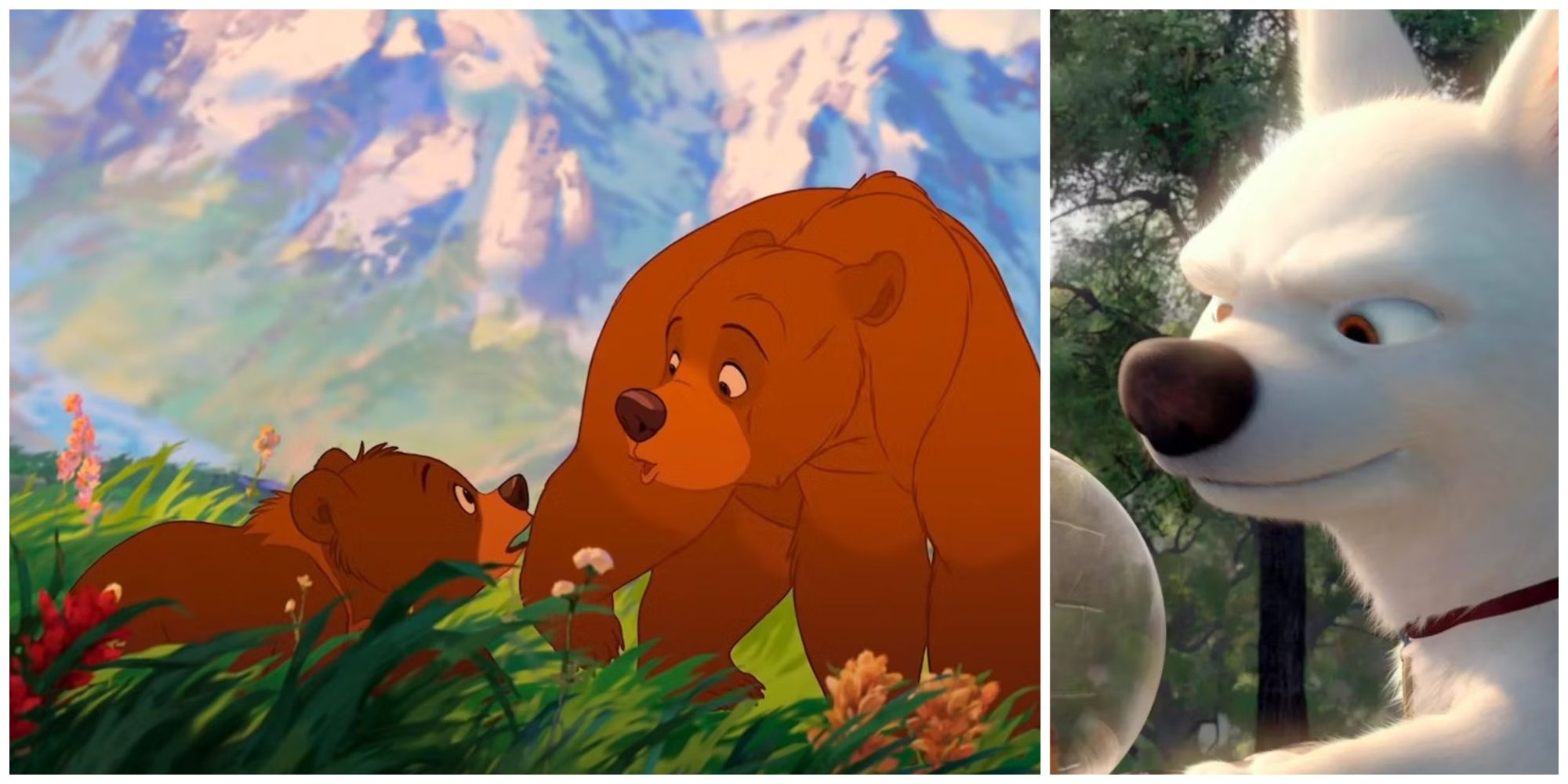 Left: The bear cub Koda and the human-turned-bear Kenai from Brother Bear. Right: Bolt, a small white dog, from Disney's Bolt.