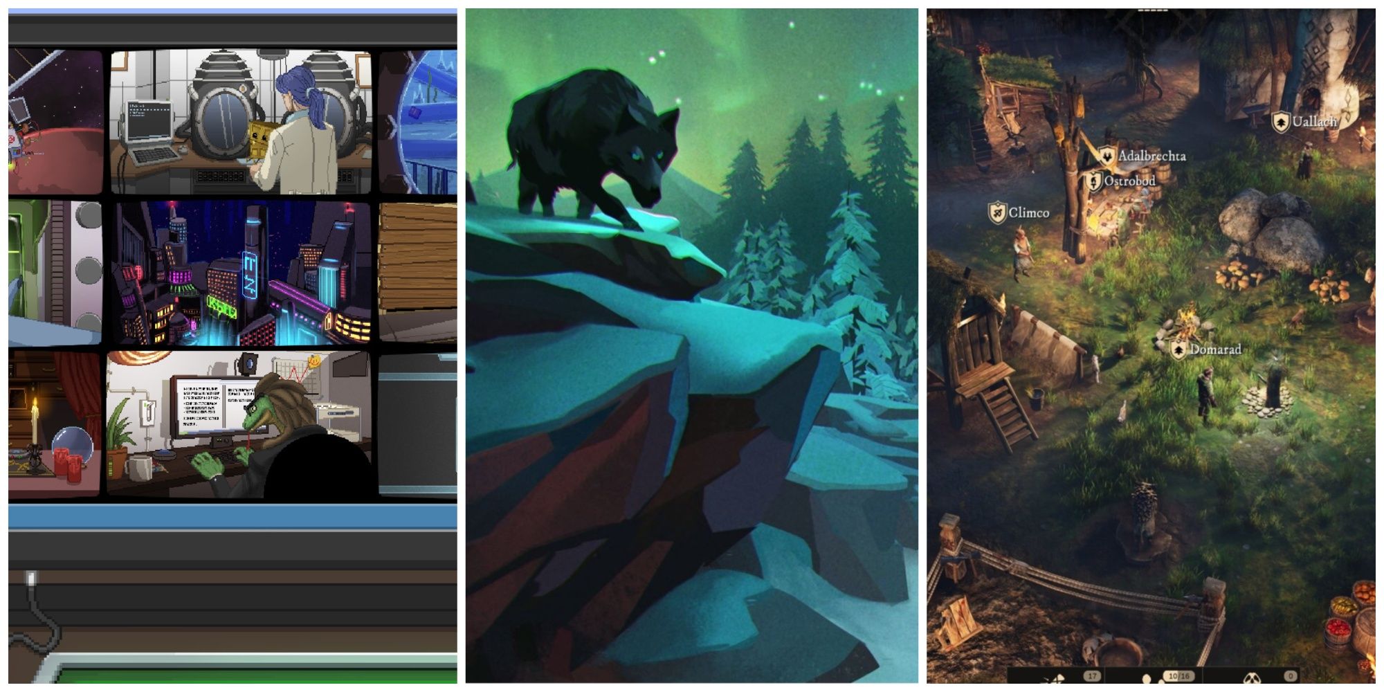 A split between three images, one showing the screens featured in Do Not Feed The Monkeys 2099, one showing wolves from The Long Dark, and one focused on a village in Gord