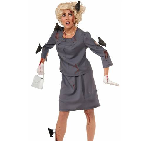 The model is wearing a grey and bloody dress suit with five birds perched on her body.