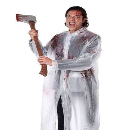The male model is wearing a white plastic coat with blood spatter's on it. He is carrying an axe