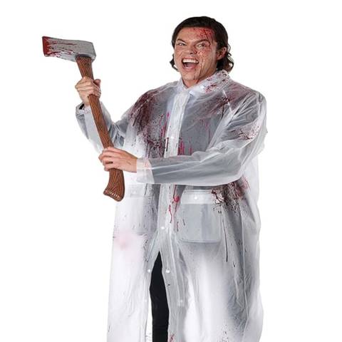 The male model is wearing a white plastic coat with blood spatter's on it. He is carrying an axe
