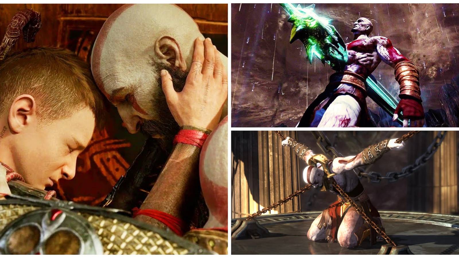 kratos and atreus, kratos imprisoned, kratos impaled with the blade of olympus