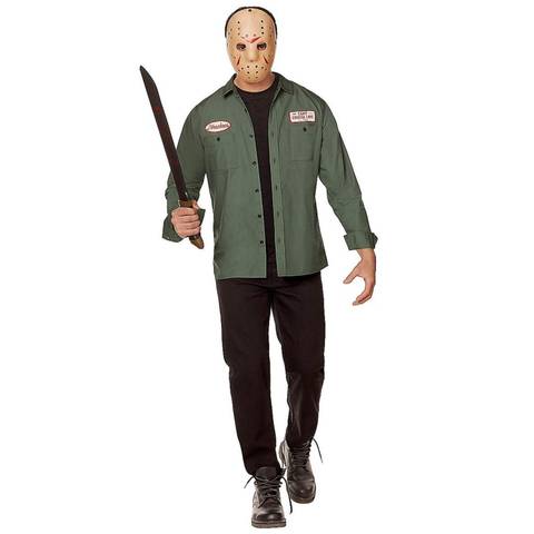 The model is wearing a sage green shirt and a hockey mask