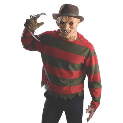 The model is wearing a brown and red striped shirt, a single brown glove with blades on each finger tip, a creepy man mask, and a brown fedora.