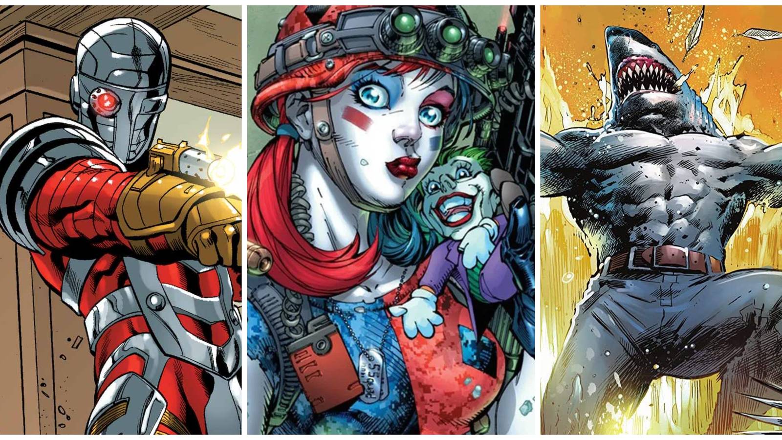 deadshot, harley quinn and king shark