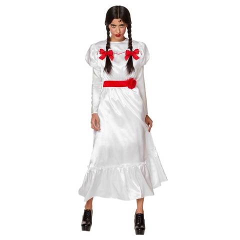 The model is wearing a white gothic Victorian dress with red accents with red bows tied at the ends of her two braids.
