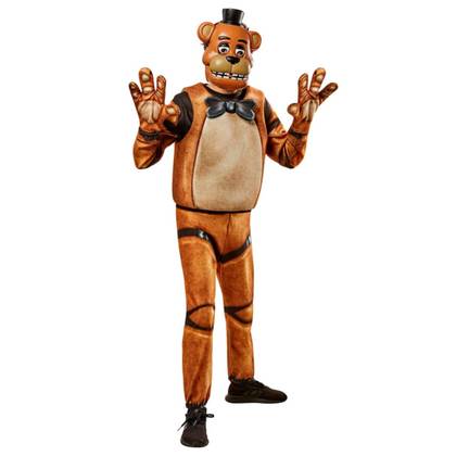 The model is wearing an animatronic bear costume with a full-face mask