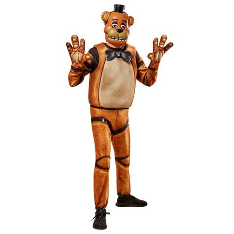 The model is wearing an animatronic bear costume with a full-face mask