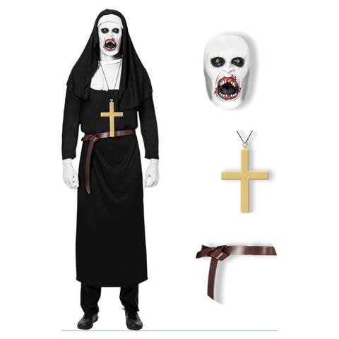 The model is wearing a nun costume with full habit and giant cross necklace and a ghoulish mask.