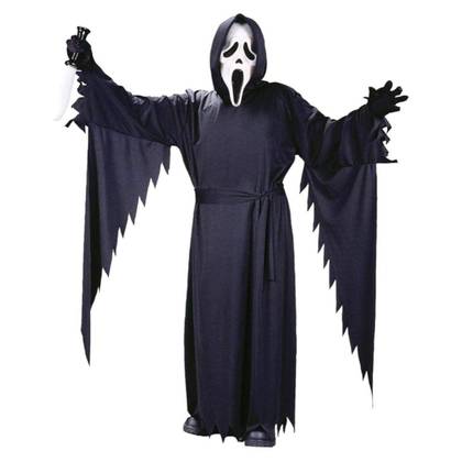 The model is wearing a grim reaper cloak with tattered sleeves and a white mask with black eyes and mouth