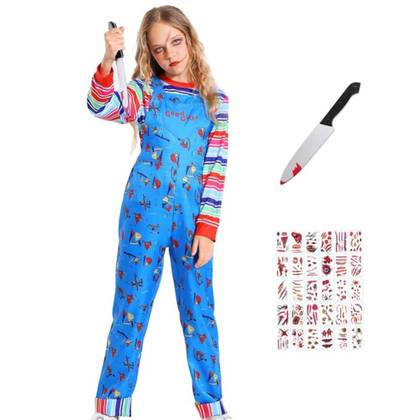 The model is wearing a brightly colored striped long-sleeve shirt with blue patterned overalls. 