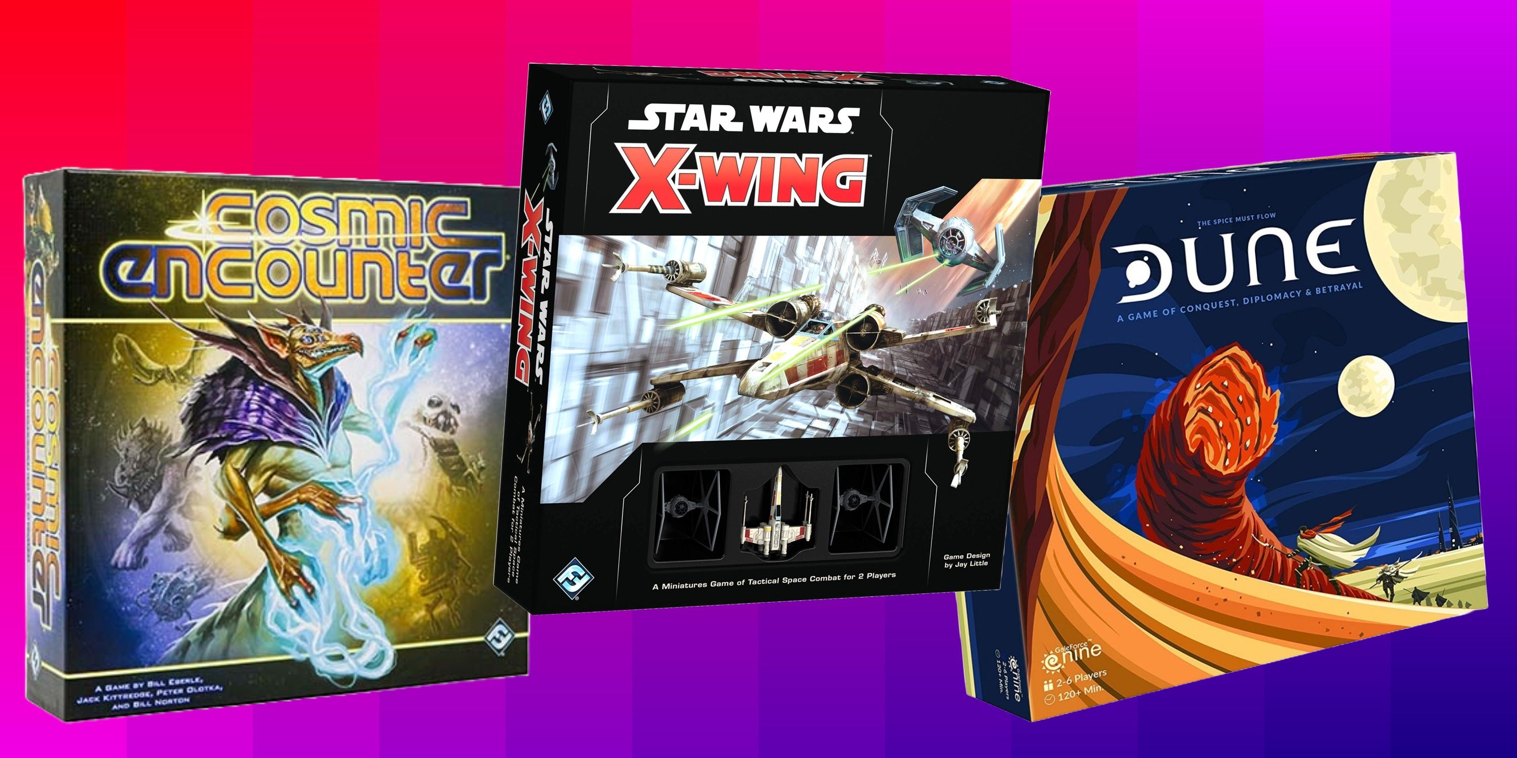 Sci-Fi Board Games With The Best Combat (Featured Image) - Cosmic Encounter + Star Wars X-Wing + Dune (2019)