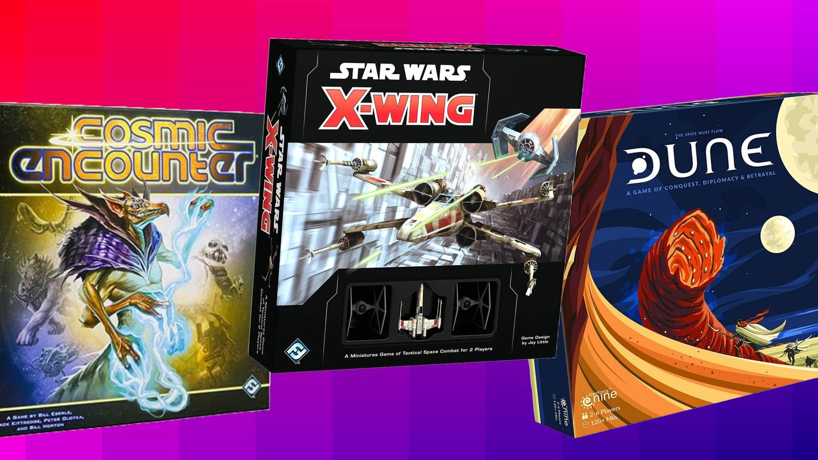 Sci-Fi Board Games With The Best Combat (Featured Image) - Cosmic Encounter + Star Wars X-Wing + Dune (2019)