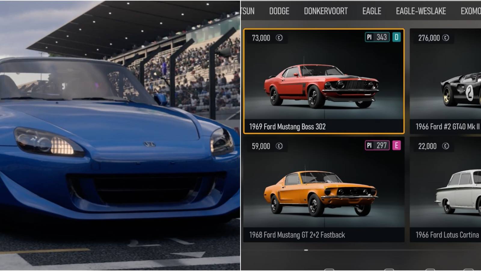 Blue Car With Car Selection Screen on The Right