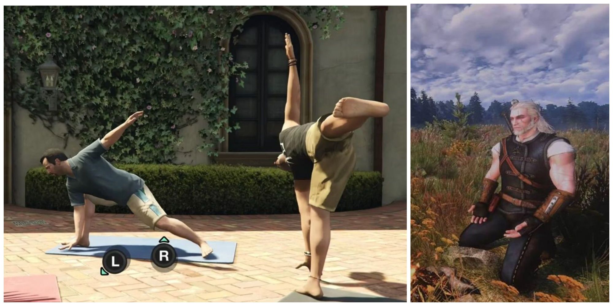 Left: Two men practicing Yoga on outside on the patio in the sun. Right: Geralt of Rivia meditating in an open field.