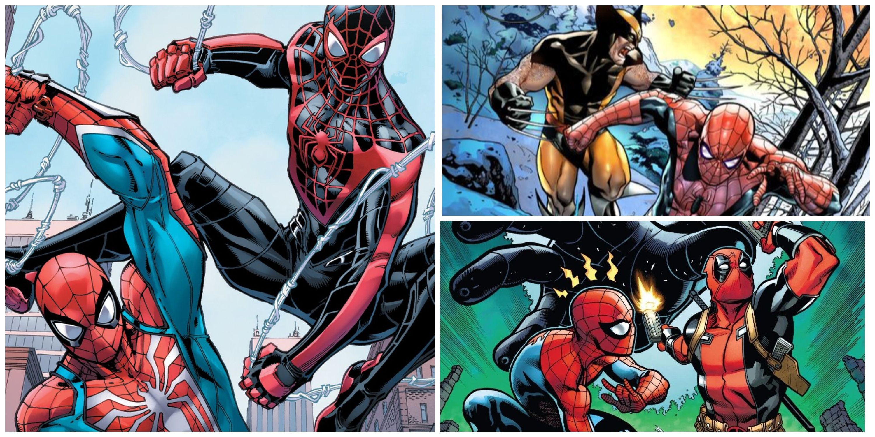 Peter Parker Homem-Aranha e Miles Morales Homem-Aranha, Homem-Aranha e Deadpool, Homem-Aranha e Wolverine