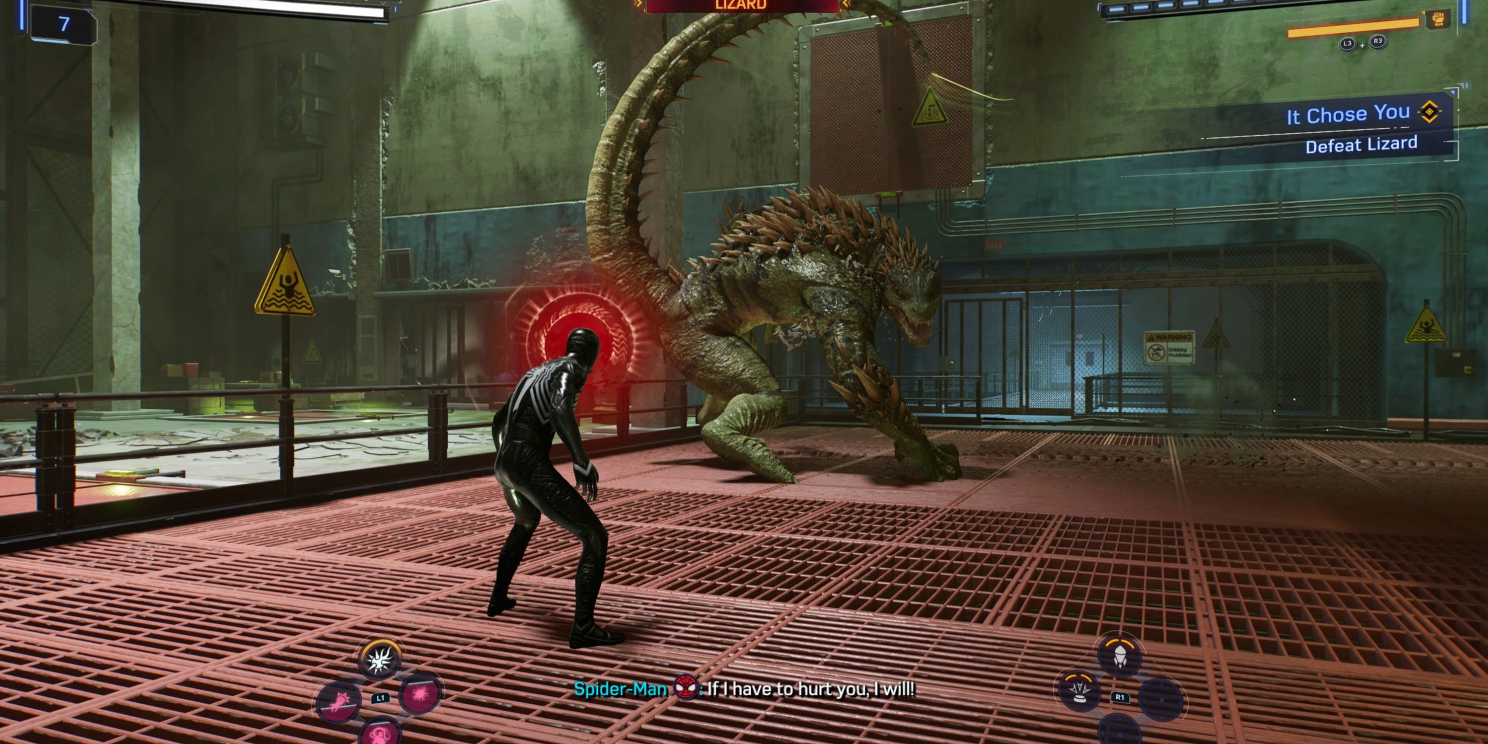 black suit spider-man fighting the lizard whilst he uses his tail