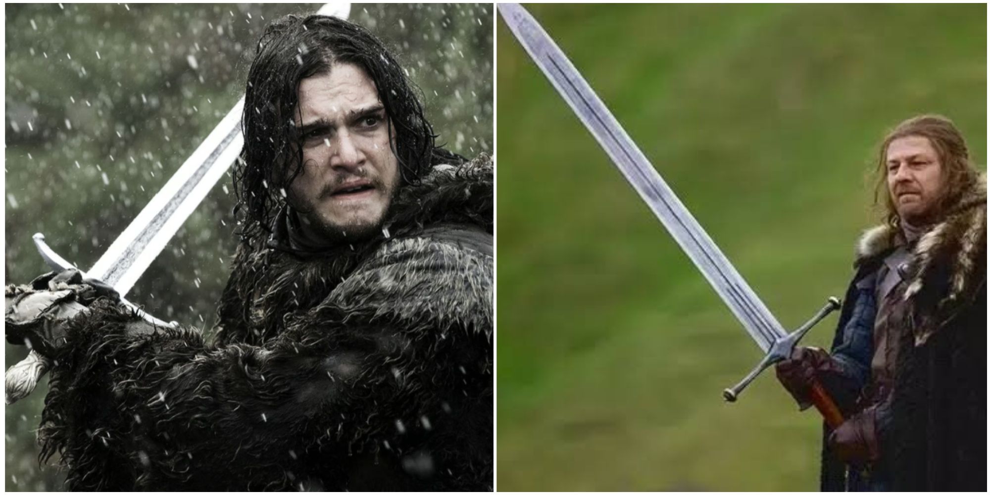 Split image showing Jon Snow's Longclaw and Ned Stark's Ice in Game of Thrones. 