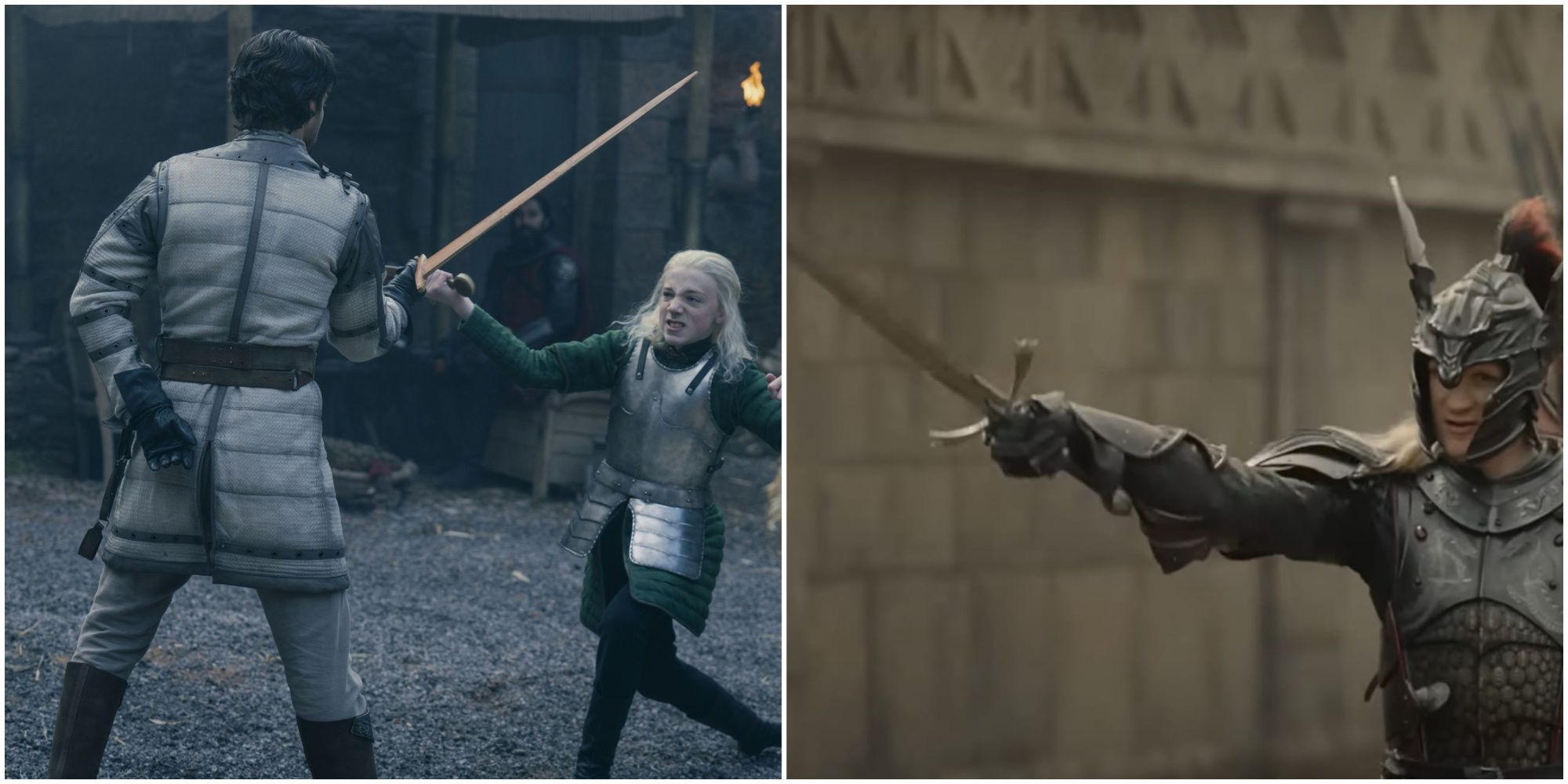 Split image of Criston Cole instructing Aemond Targaryen and Daemon Targaryen swinging Dark Sister in House of the Dragon.