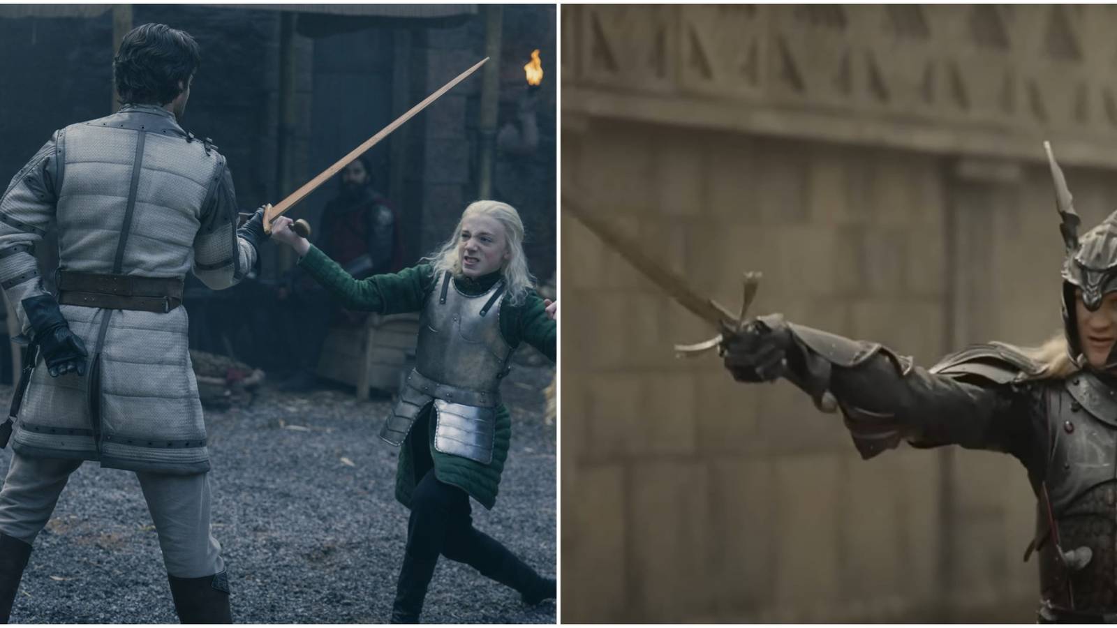 Split image of Criston Cole instructing Aemond Targaryen and Daemon Targaryen swinging Dark Sister in House of the Dragon.