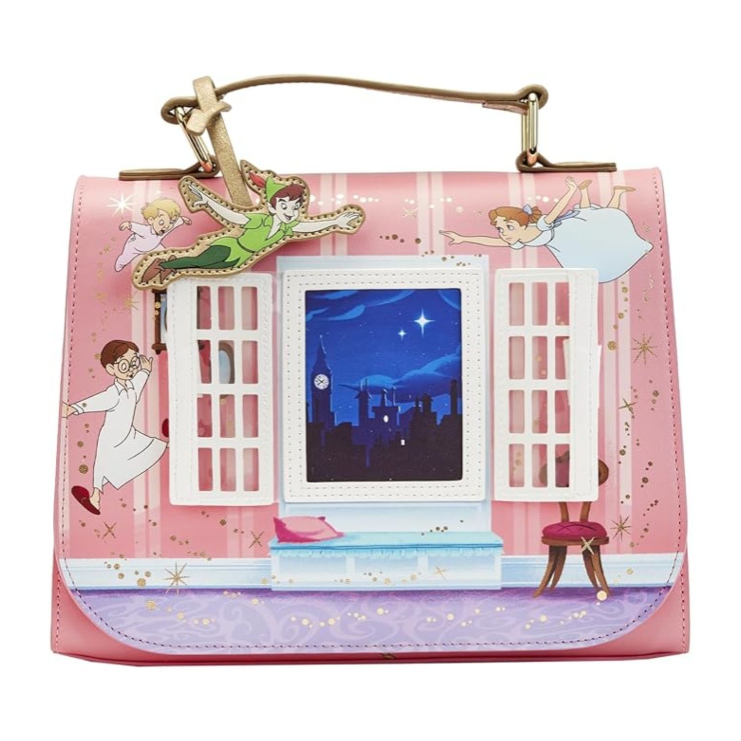 This purse looks like a nursery bedroom with Peter and the Darling children flying around.