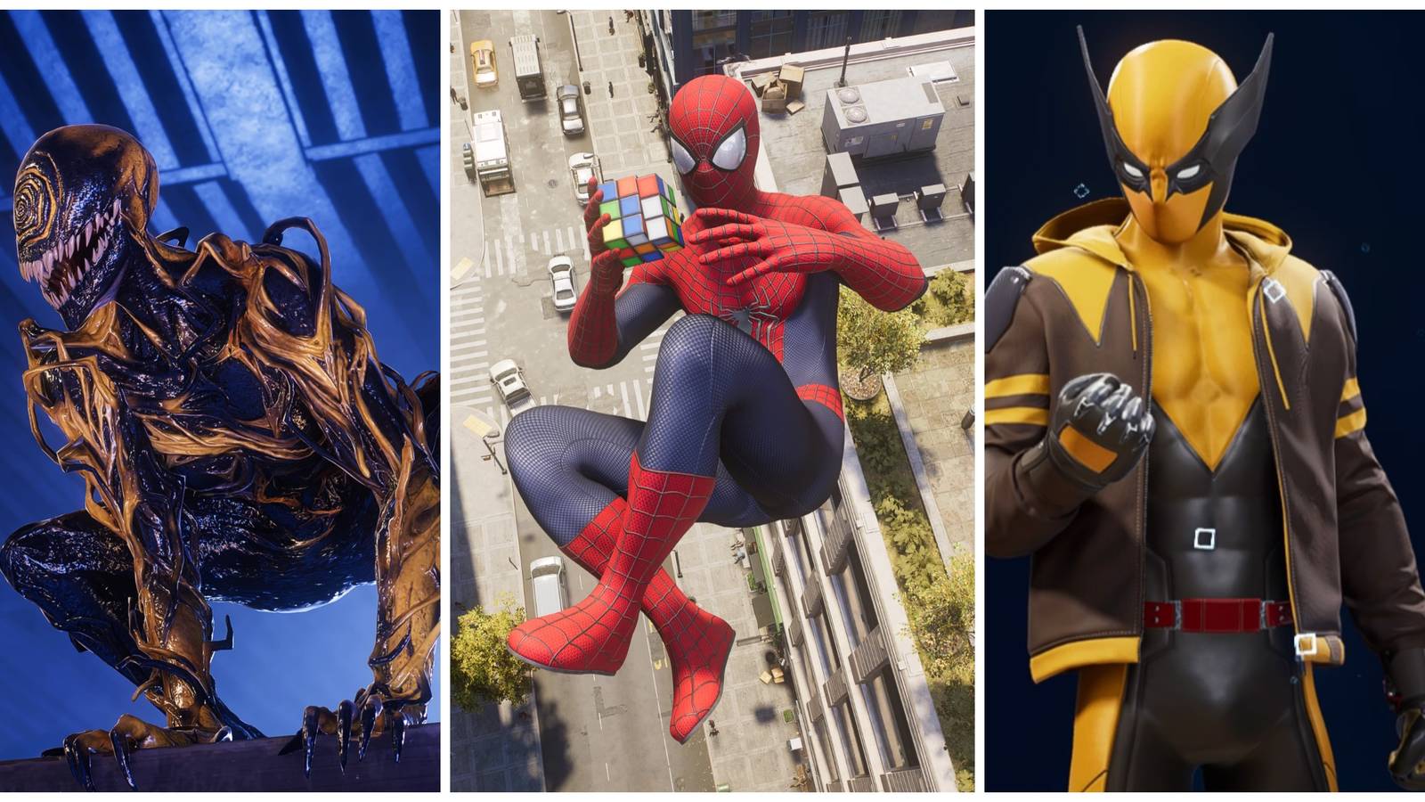 symbiote with knull's spiral branding, the amazing spider-man 2 suit, miles morales wolverine suit