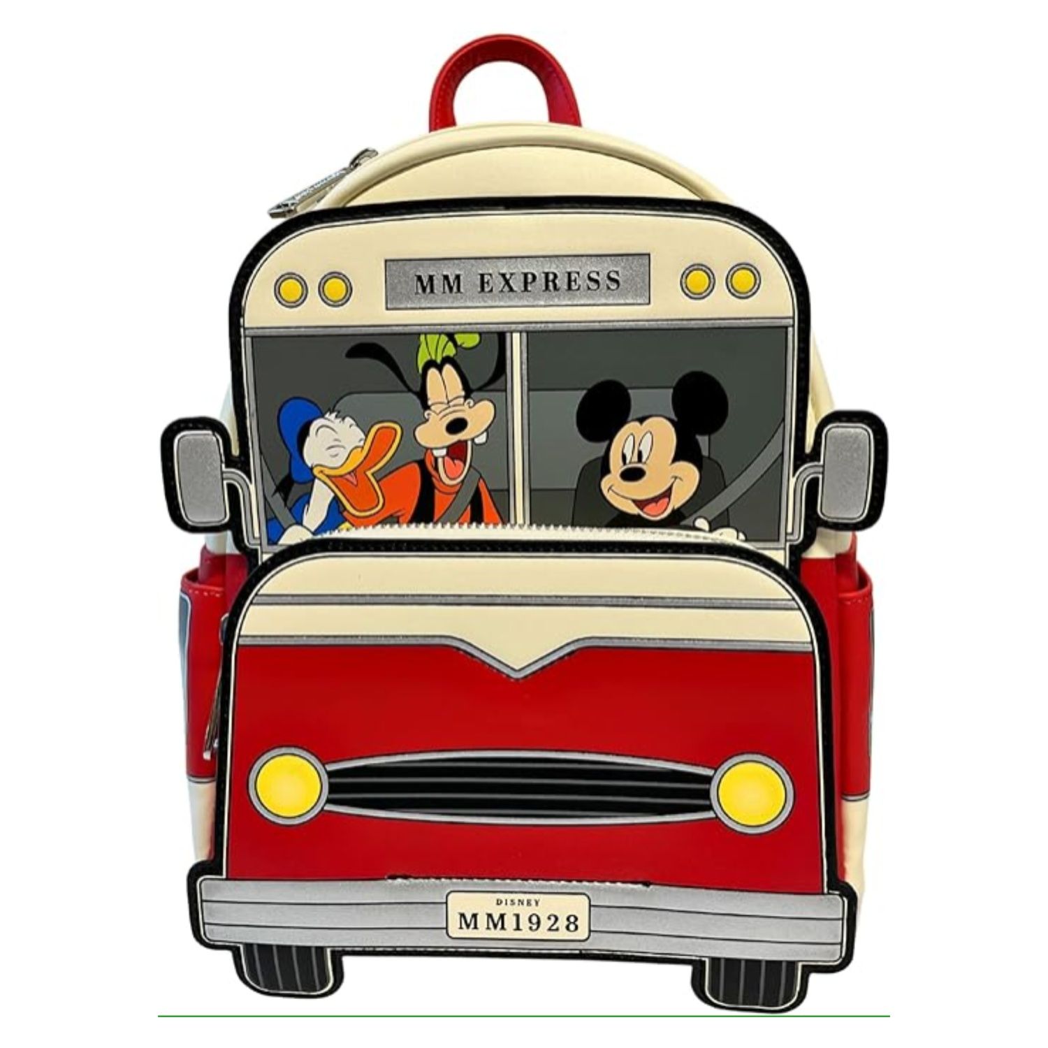 This bag is made to look like a bus. Mickey is driving with Goofy and Donald riding next to him