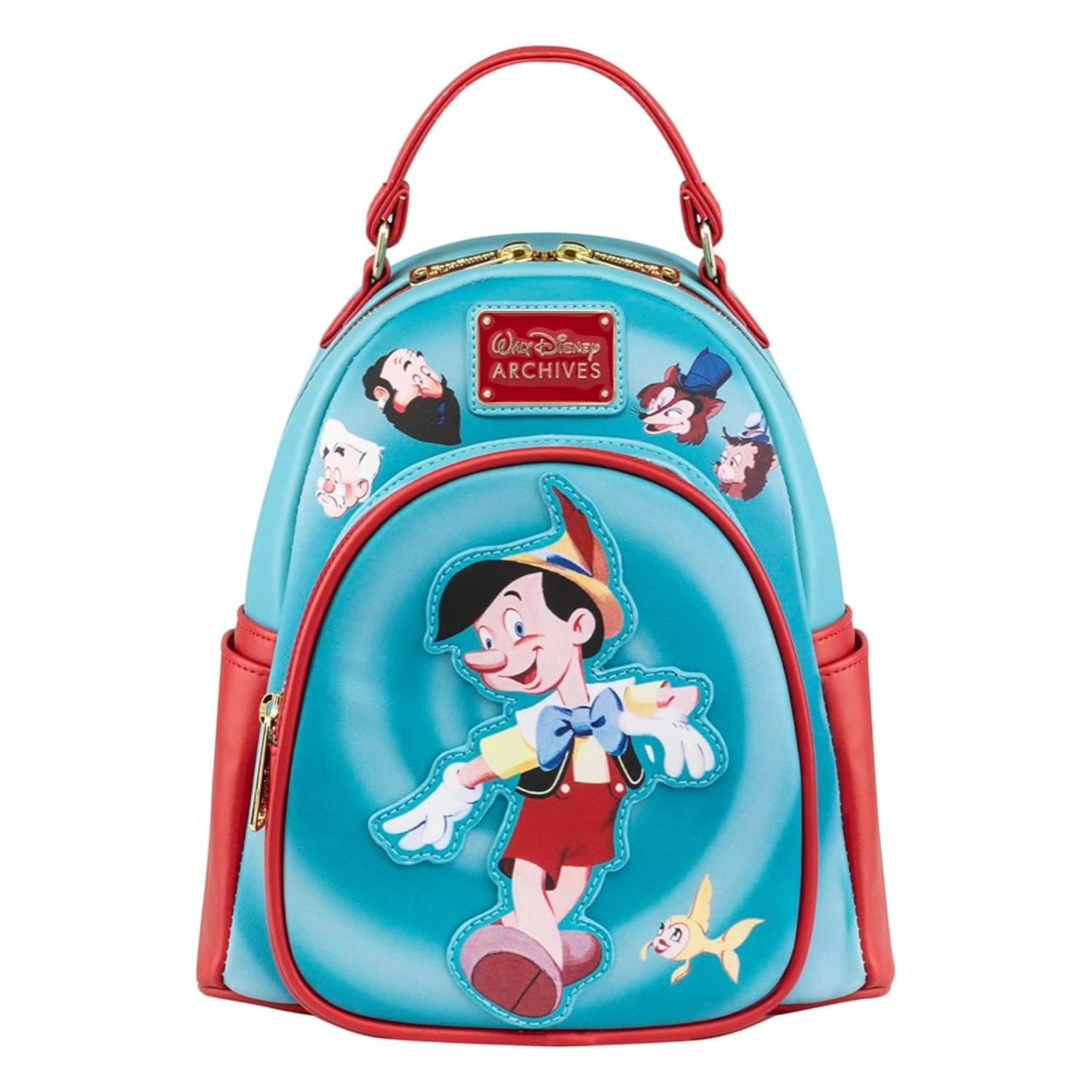 This light blue bag has characters from Pinocchio on it.