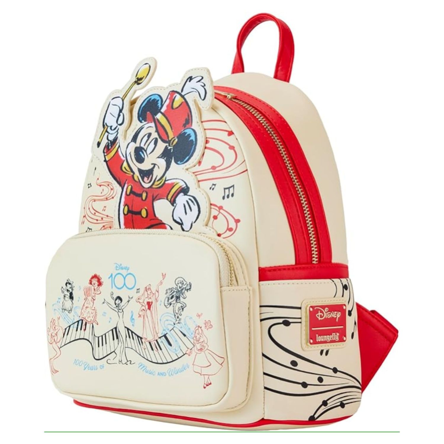 This cream backpack has Mickey on it in a band uniform and many musical characters below him.