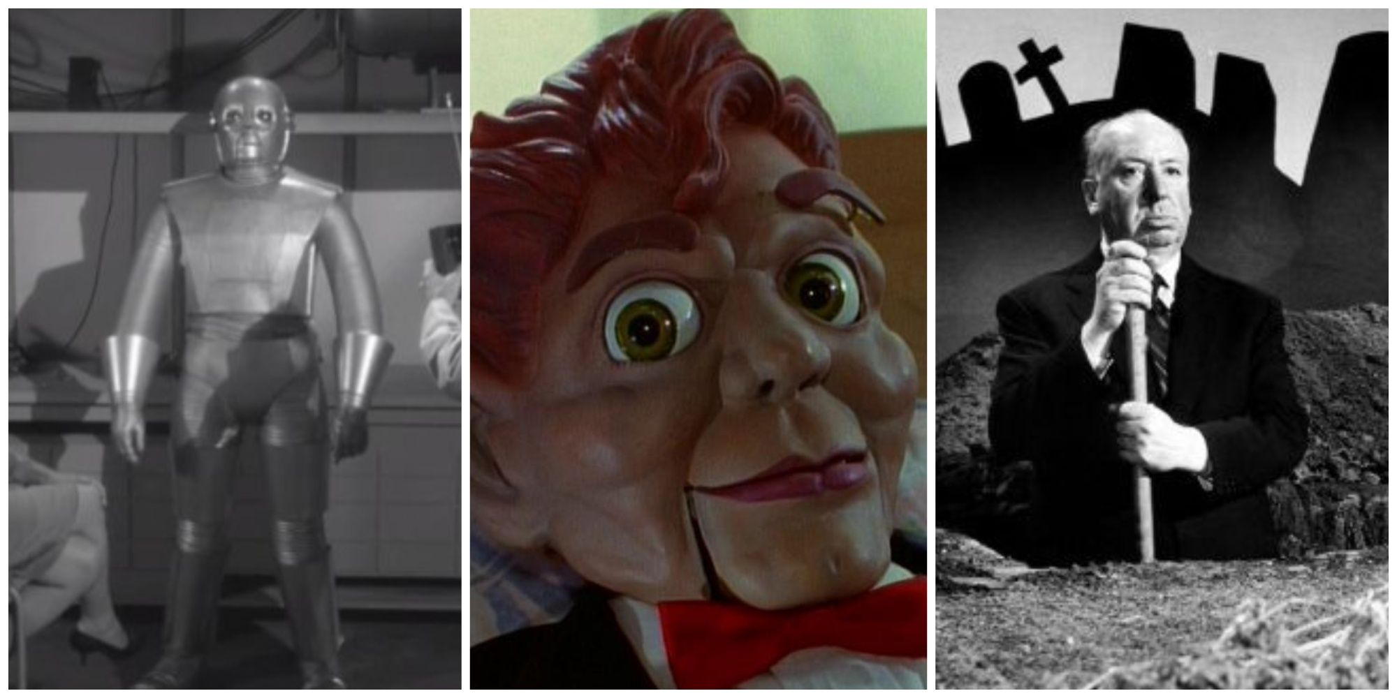 Split image showing images from The Outer Limits, Goosebumps, and Alfred Hitchcock Presents.