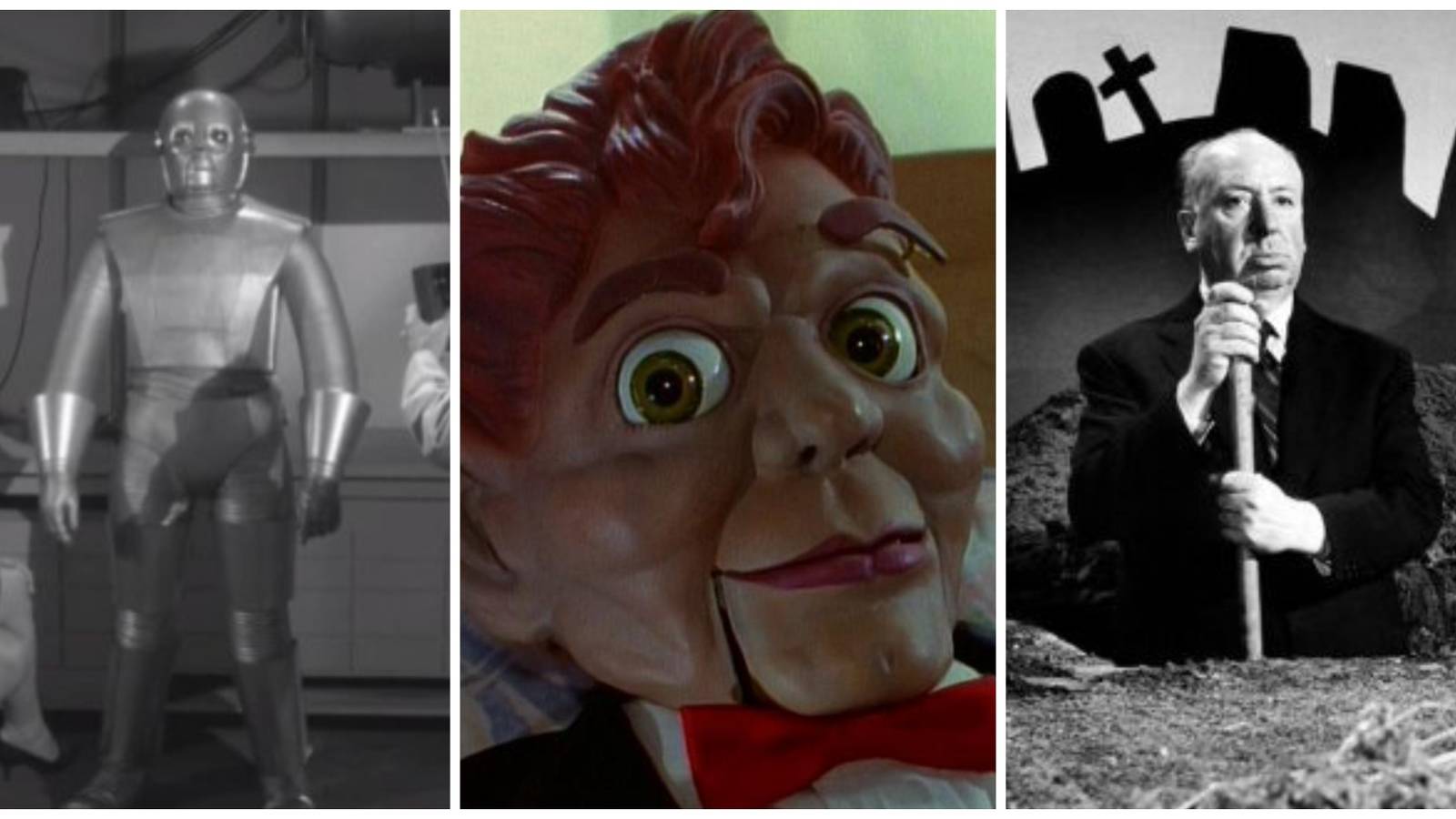 Split image showing images from The Outer Limits, Goosebumps, and Alfred Hitchcock Presents.