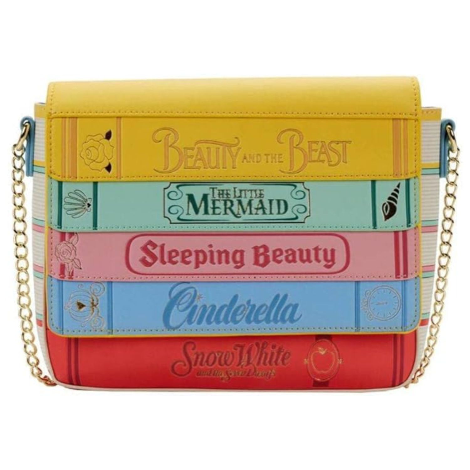 This purse is shaped like a stack of books with the Disney Princess titles on it. 