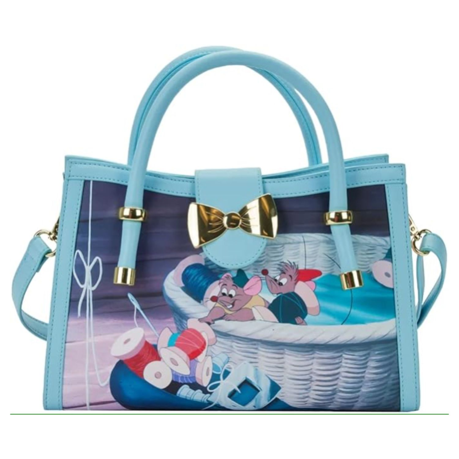 This blue trimmed handbag has the Cinderella mice sitting in a sewing basket printed on it.