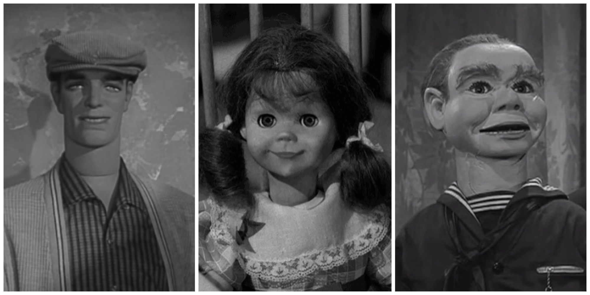 Split image showing images from spooky Twilight Zone episodes (The After Hours, Living Doll, and The Dummy).