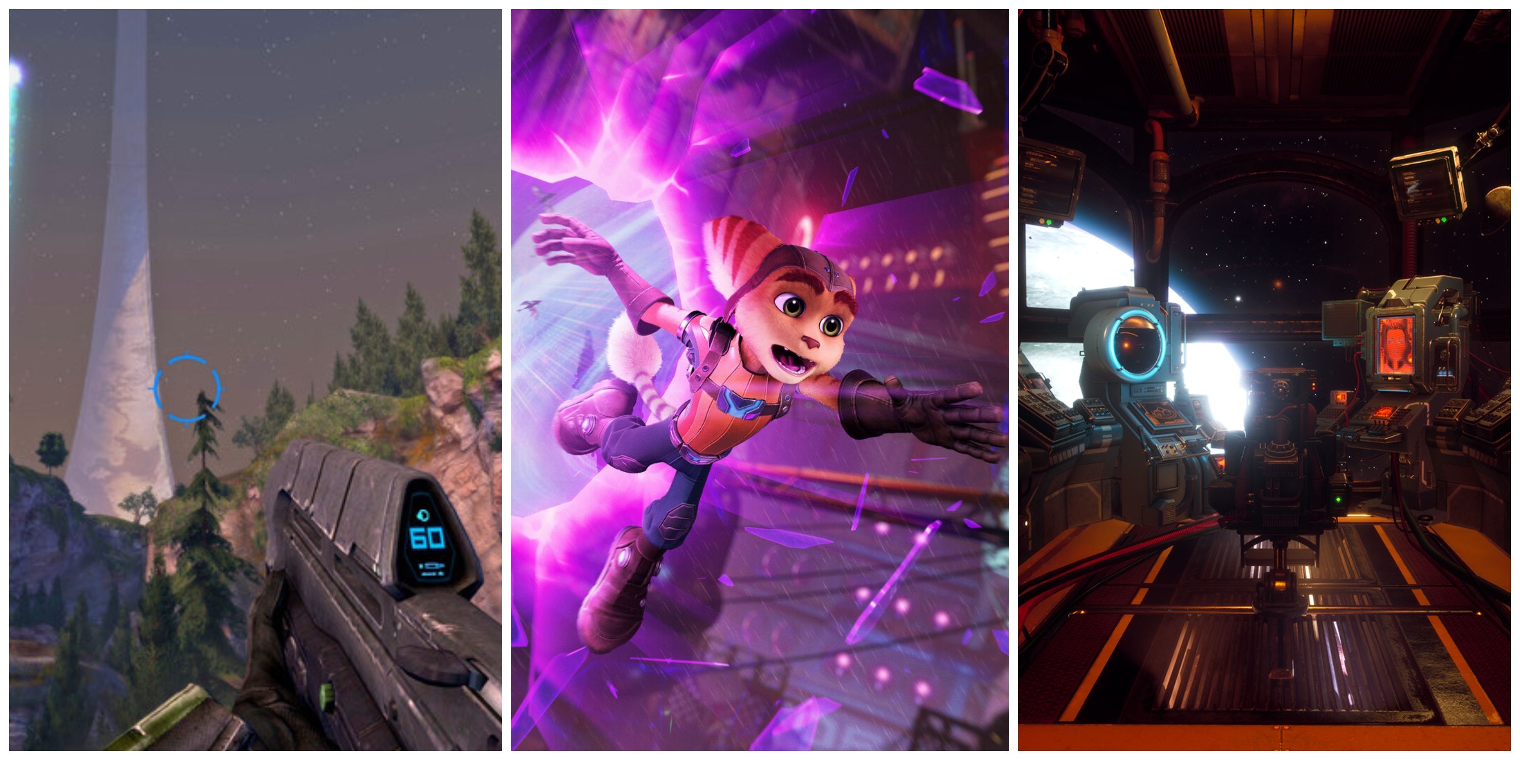 Best Soft Sci-Fi Games (Featured Image) - Halo + Ratchet & Clank: Rift Apart + The Outer Worlds
