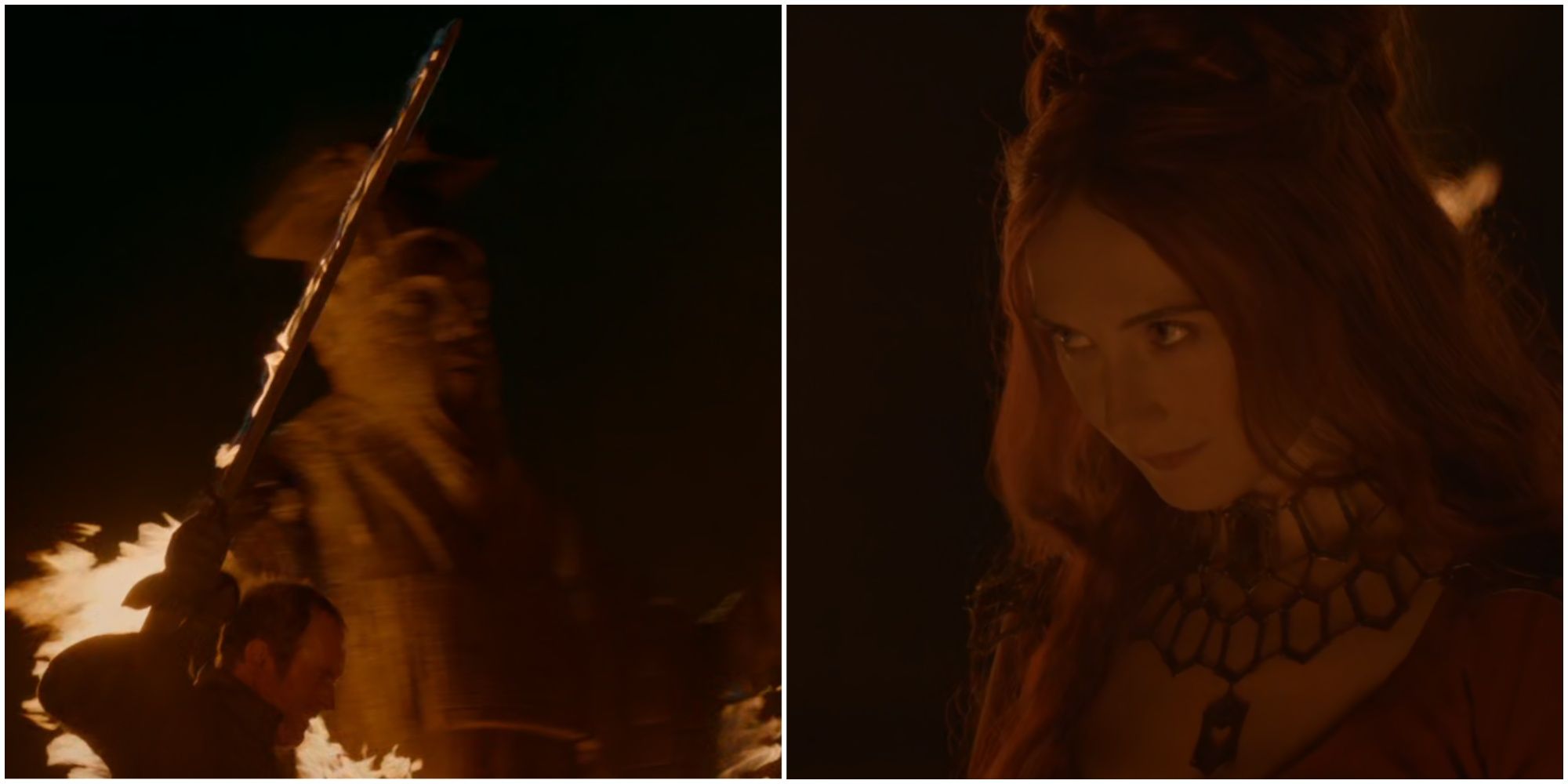 Imagem dividida da espada de Stannis e Lady Melisandre em Game of Thrones.