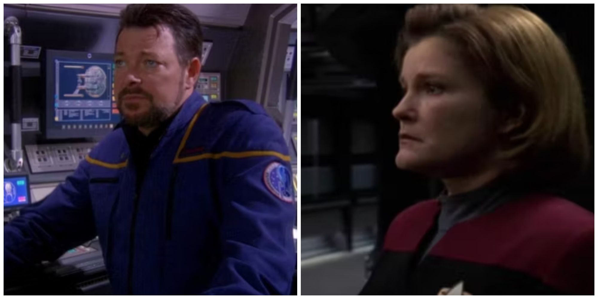 Jonathan Frakes as Commander Riker. Kate Mulgrew as Captain Janeway.