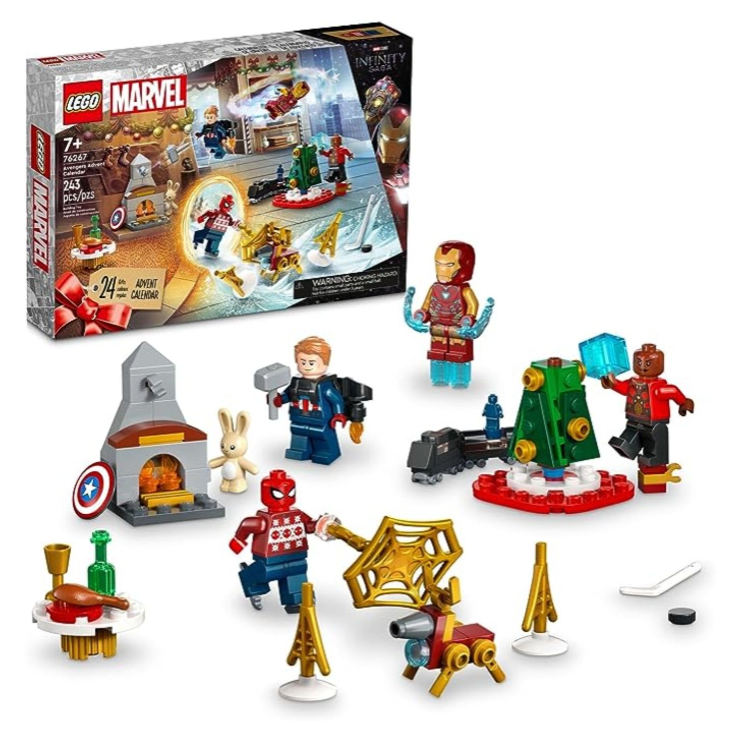 This image shows the packaging and contents of the Marvel Lego advent calendar