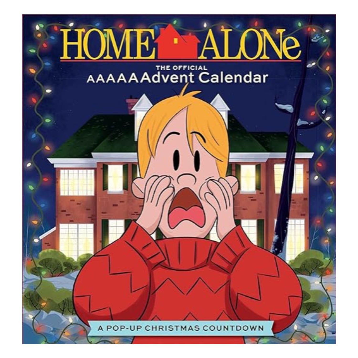 This image depicts the front of the Home Alone Advent Calendar with a cartoon Kevin McCallister