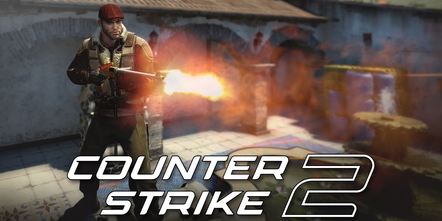 Counter-Strike 2 terrorist shooting behind game logo