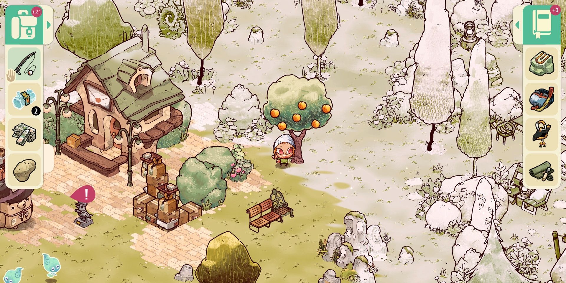 A spirit scout standing near an orange tree during the winter of Cozy Grove