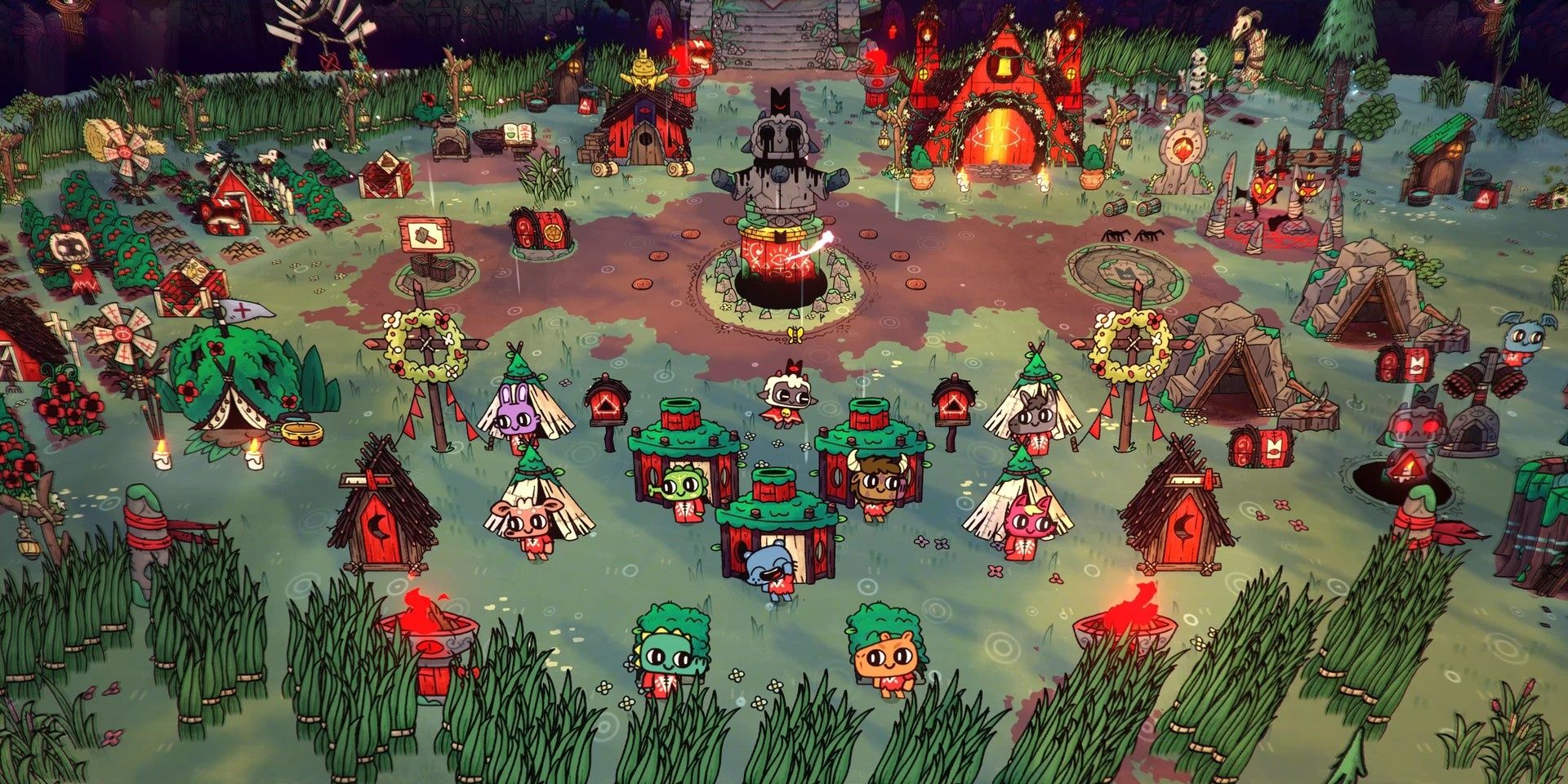 The campsite of the cult where many animals wander around performing tasks in Cult of the Lamb