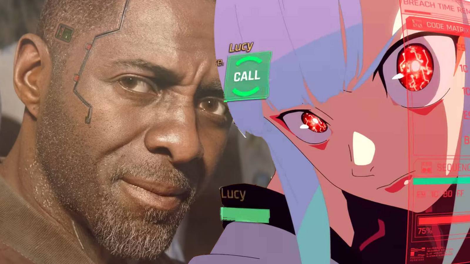 A screenshot of Solomon Reed from Cyberpunk 2077: Phantom Liberty, with Lucy from Cyberpunk: Edgerunners inserted beside him.