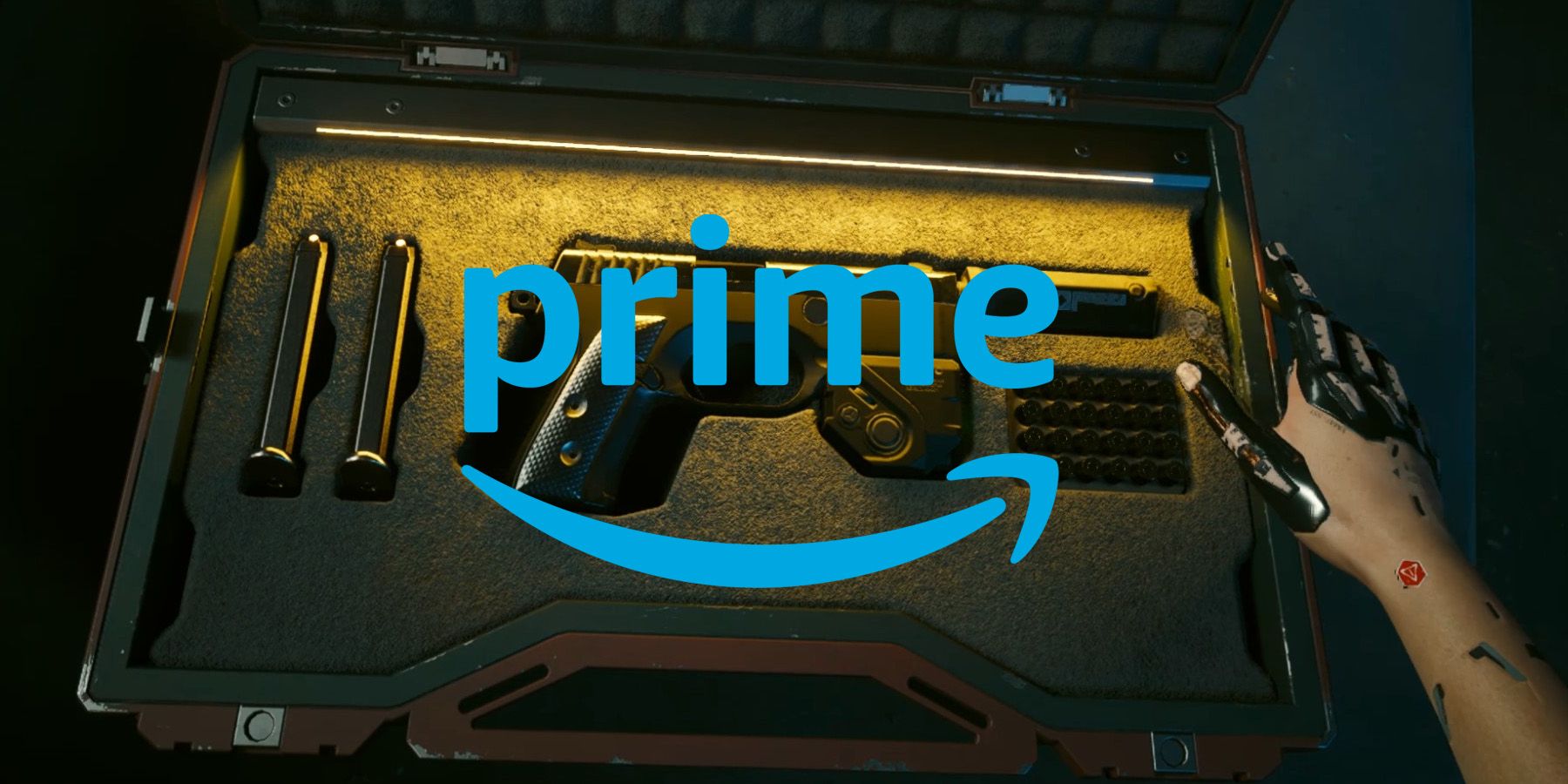 A screenshot of V opeaning a weapon case in Cyberpunk 2077: Phantom Liberty, with a blue Amazon Prime logo placed over the gun.