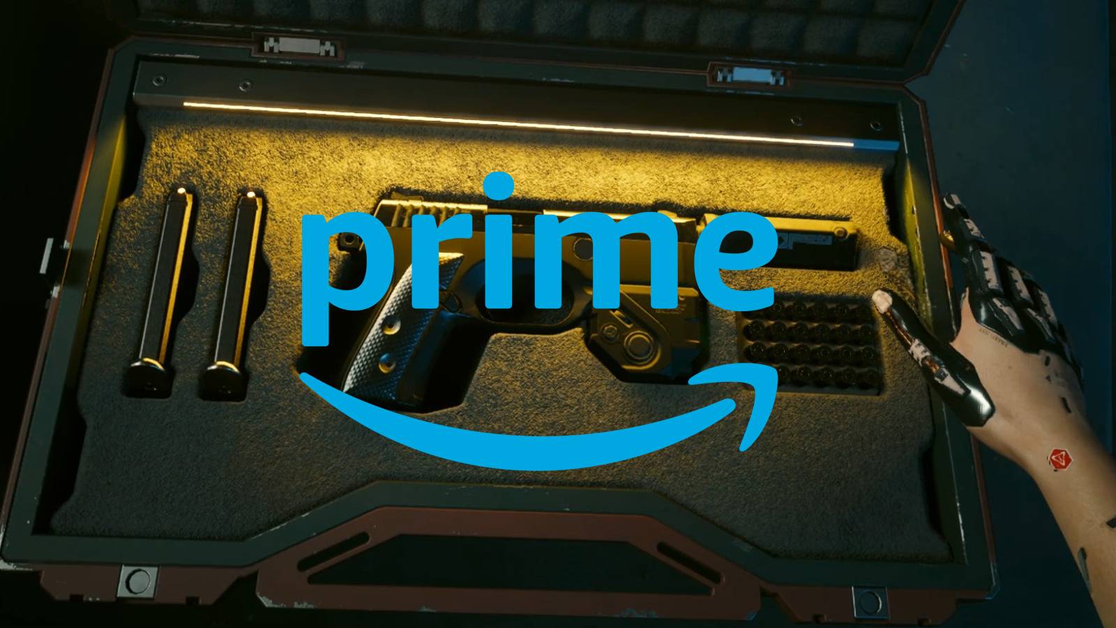 A screenshot of V opeaning a weapon case in Cyberpunk 2077: Phantom Liberty, with a blue Amazon Prime logo placed over the gun.