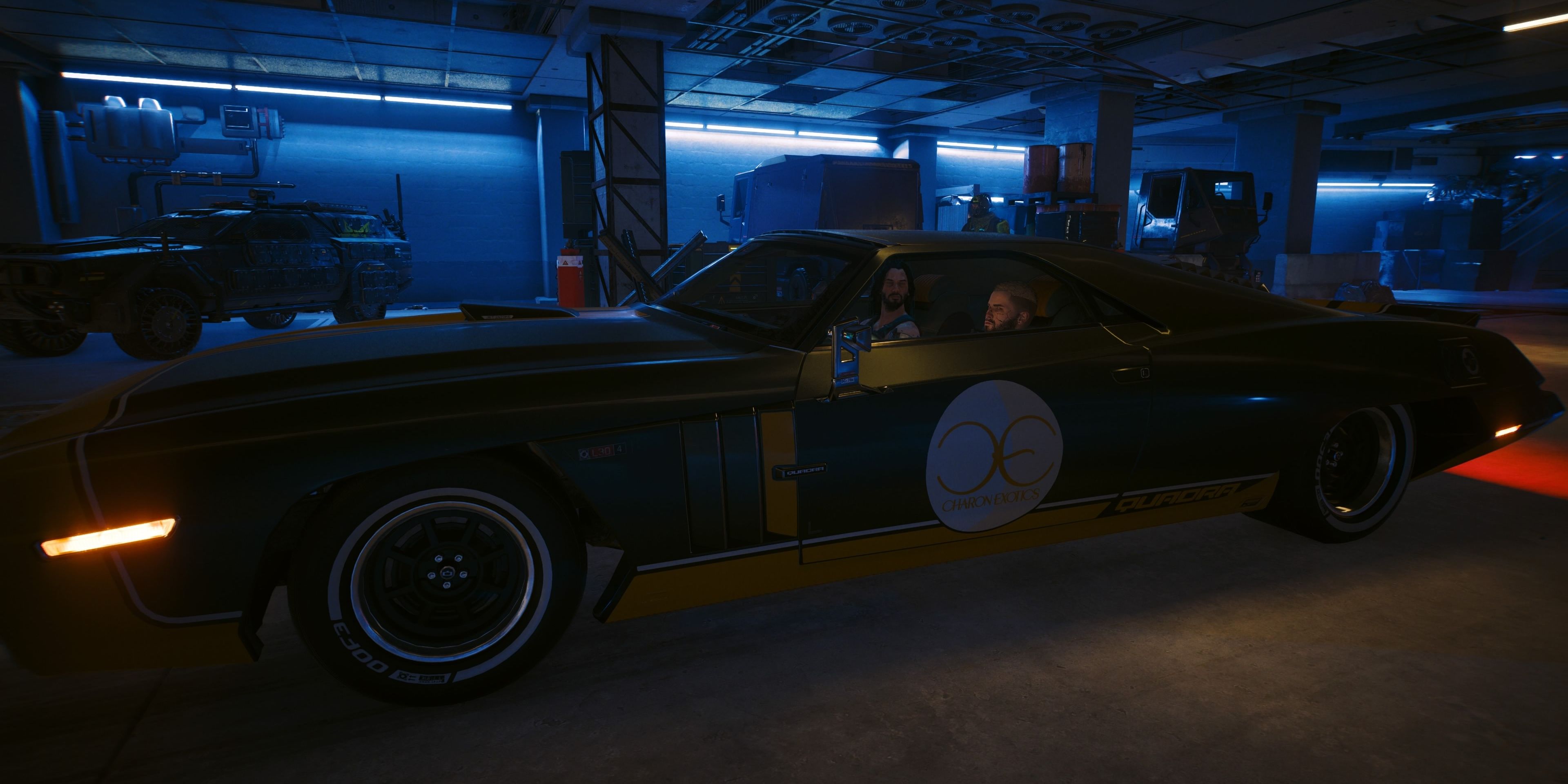johnny silverhand and v sitting in the "charon" quadra car