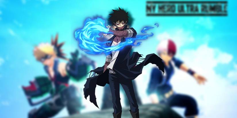 Dabi in front of the my hero ultra rumble cover