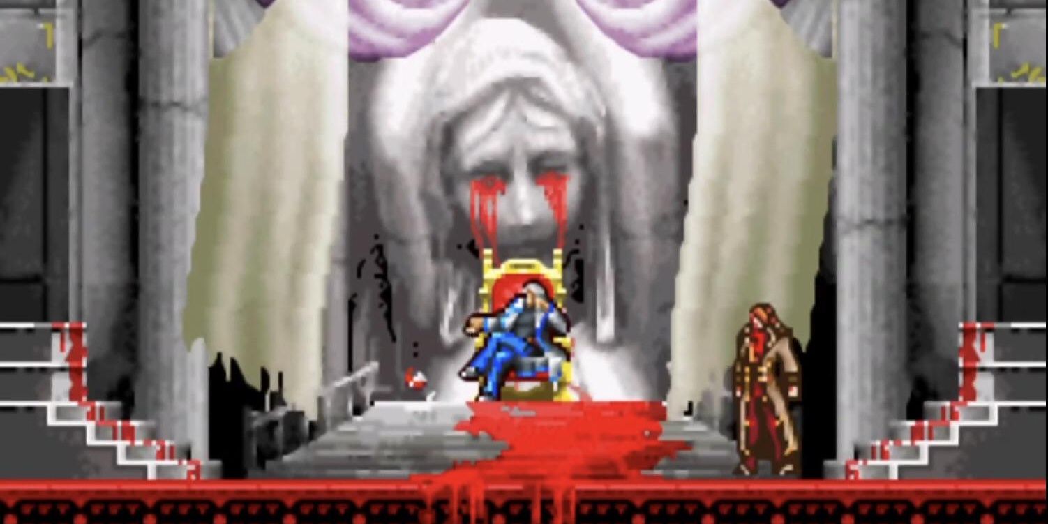 A throne room with floors covered in blood and a crying statue in Castlevania: Aria of Sorrow