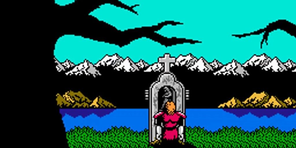 A character kneeling at a grave in Castlevania 2: Simon's Quest